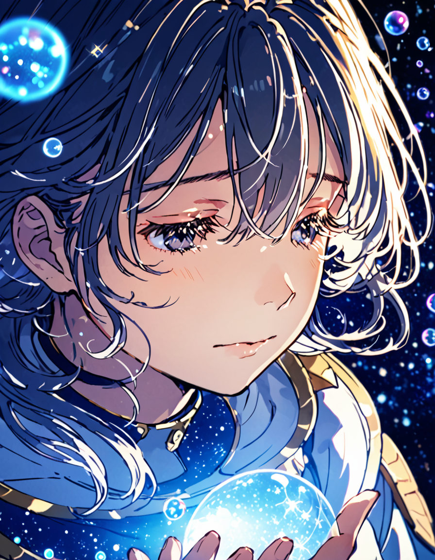 woman, hand in front, bubbles emerging, stellar space background, cosmic glow, loving eyes, soft expression, strands of hair, digital art, manga style, manga outlines, head-to-chest shot, tears streaming, emotional atmosphere, celestial lighting  <lora:digital_art:1>