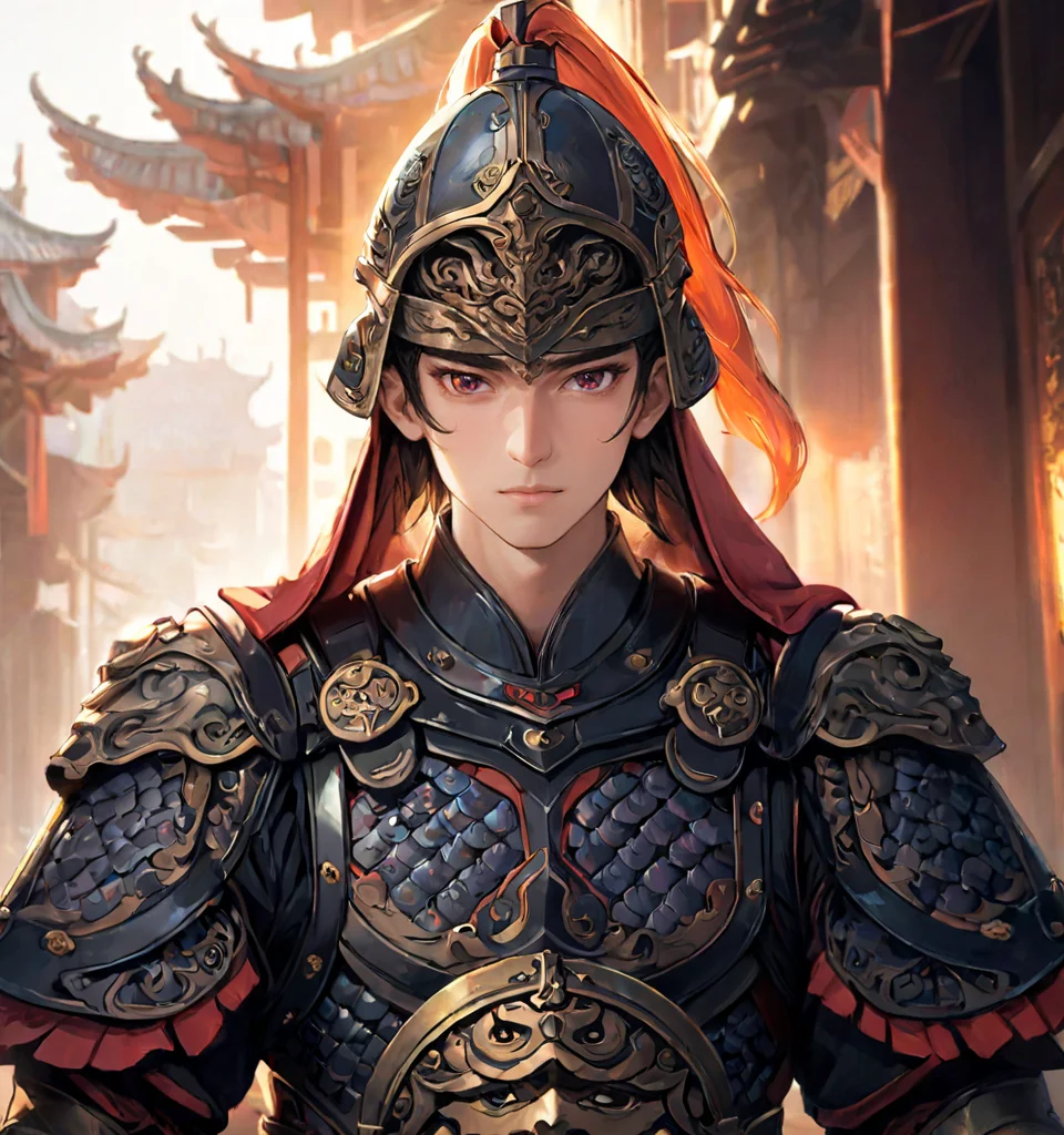 <lora:Qigeä¸å½ç²è(Chinese_armor)SDXL_v1.0:0.9>,a 25 year old chinese man,,realistic,Chinese_armor,solo,Background of ancient Chinese cities,detailed_eyes,shoulder_armor,Helmet,(Black Eyes),looking at viewer,(masterpiece:1.2), (best quality:1.2), perfect eyes, perfect face, perfect lighting, (8K),(perfect anatomy),(highres),
