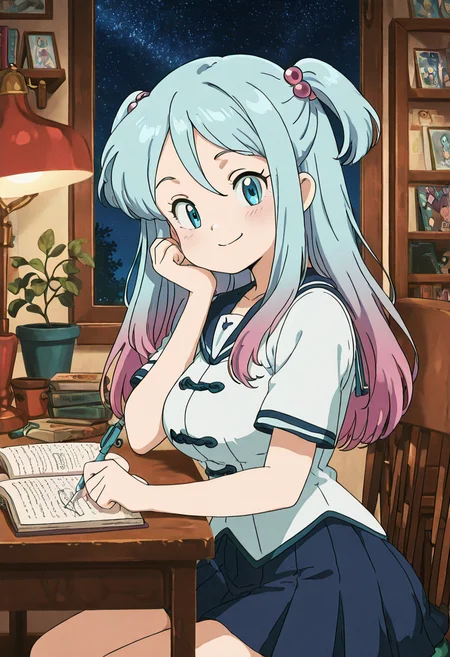 masterpiece, best quality, solo, curvy, beautiful eyes, narrow waist, wide hips, 1girl, solo, smile, looking at viewer, zzLazuli, blue eyes, hair between eyes, blue hair, gradient hair, hair bobbles, hair ornament, long hair, multicolored hair, two side up, school uniform, serafuku, sailor collar, blue skirt, pleated skirt, short sleeves, ,<lora:LazuliByKurumiErika_IXL:1.0>, , zzLofi, sitting, side view, desk, chair, book, bookshelf, head rest, holding, holding pen, lamp, night, open book, pen, plant, potted plant, sky, star (sky), starry sky, window, windowsill, writing, <lora:LofiGirl_Style_IXL:0.8>,, large breasts, <lora:CuteRetroStyle_IXL_v1:1.0>,