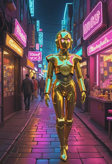retro cyberpunk a C3PO1024 woman walking down the middle of a street, BREAK A small, hidden alleyway, a crowd of locals enjoying their evening meal at one of the many quaint restaurants lining the cobblestone path, a small neon sign flashing in the distance, It reads 'Ichiro's Ramen Shop'. . 80's inspired, synthwave, neon, vibrant, detailed, retro futurism, <lora:C3PO1024:0.4>,