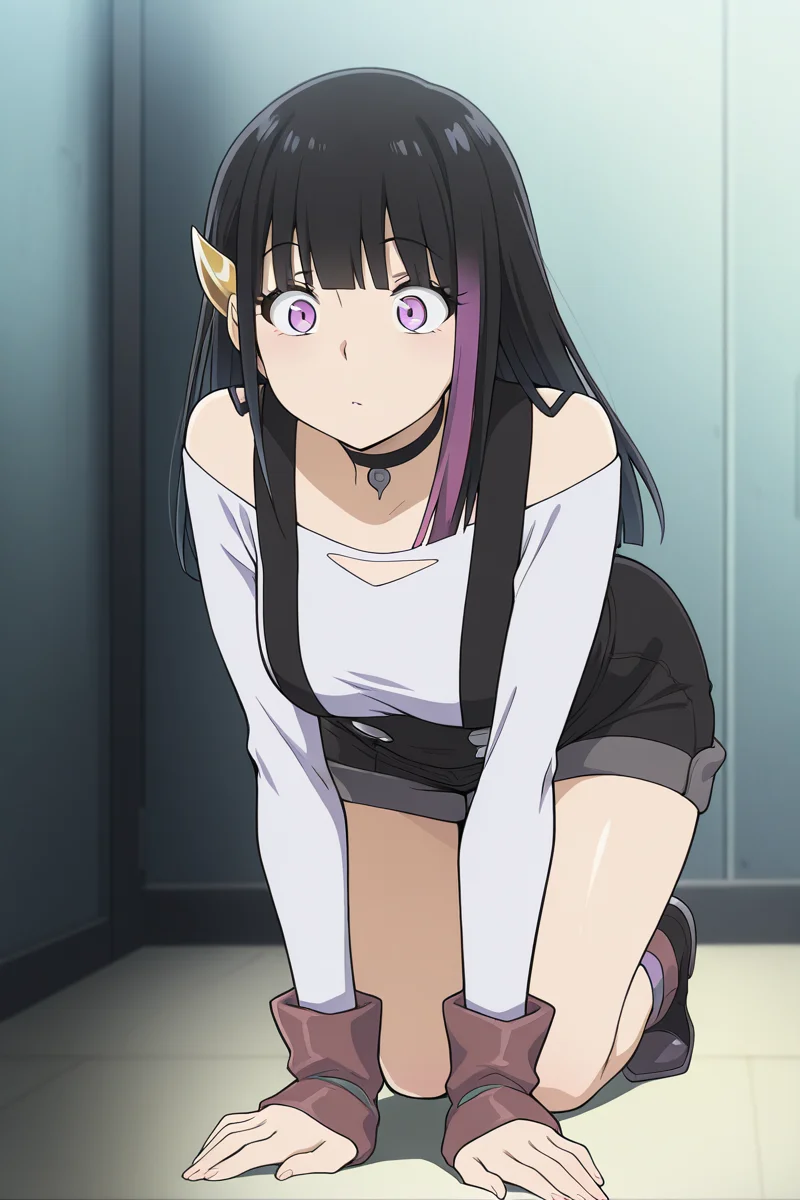 masterpiece, best quality, amazing quality,
<lora:Rouge_IL:1> rouge, 1girl, solo, black hair, all fours, purple eyes, long hair, suspenders, multicolored hair, hair ornament, choker, anime coloring, bangs, suspender skirt, standart outfit