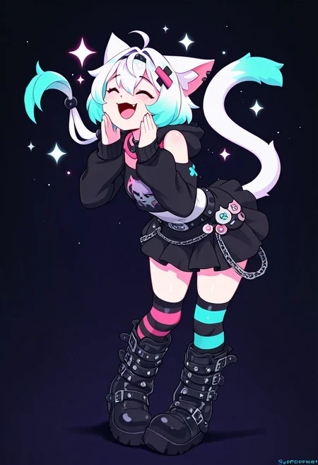 masterpiece, best quality, simple illustration, 1cat, , superdeformer, cute, urban clothing, big boots, goth, full body, solo, dark background, sparkles, vivid colors,eyes closed, laughing, fang, tail ,happy,