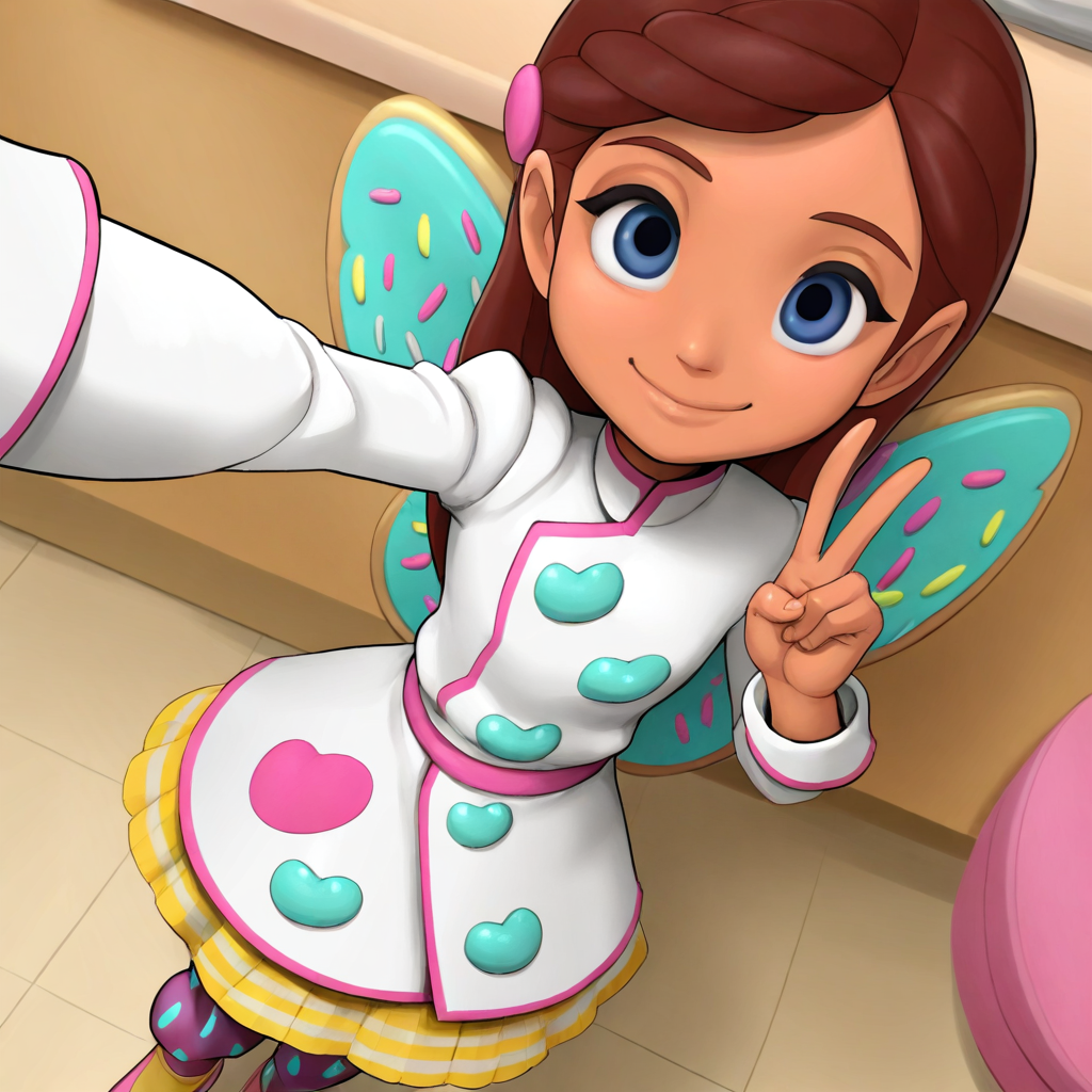 masterpiece, best quality, solo, bb_cf, brown hair, blue eyes, wings, chef coat, skirt, pantyhose, selfie, from above, smile