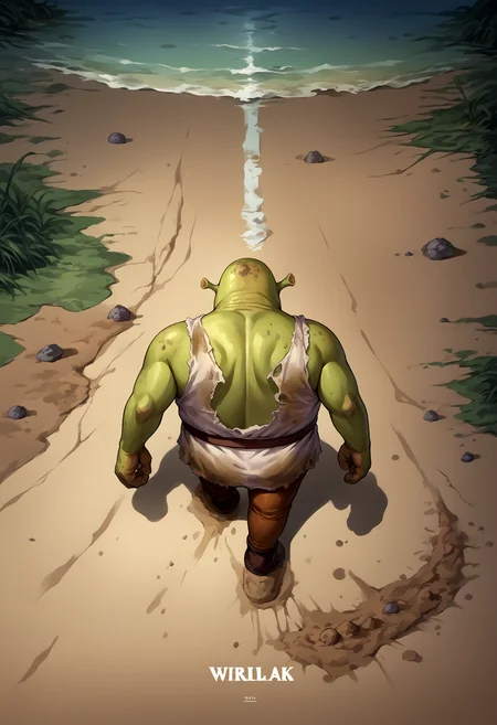 score_9, score_8_up, source_anime, shrek, green skin, <lora:Shrek_XLPD:1>, <lora:concept_akiraposter_ponyXL:1>, akiraposter, from above, from behind, walking, wetland, swamp, dirt, dirty, ocean,