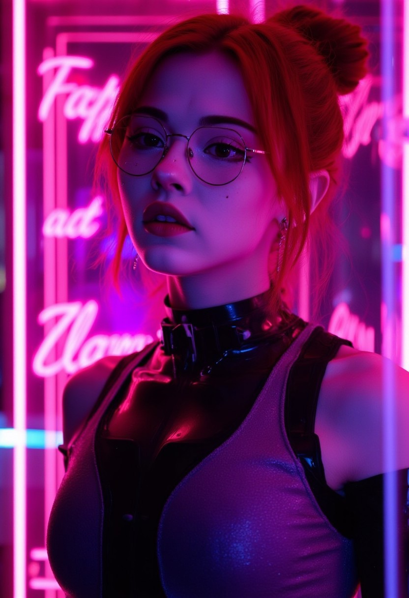 This is a digital illustration rendered in a highly stylized, hyper-realistic CGI (computer-generated imagery) style, characterized by vibrant neon colors and smooth textures. The subject is a young woman KTNK with a fair complexion and an athletic build. She has her red hair styled in a sleek, high bun. She wears round, thin-rimmed glasses that reflect the neon lights around her, adding to the futuristic ambiance.