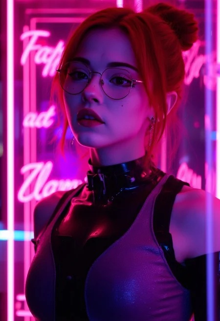 This is a digital illustration rendered in a highly stylized, hyper-realistic CGI (computer-generated imagery) style, characterized by vibrant neon colors and smooth textures. The subject is a young woman KTNK with a fair complexion and an athletic build. She has her red hair styled in a sleek, high bun. She wears round, thin-rimmed glasses that reflect the neon lights around her, adding to the futuristic ambiance.