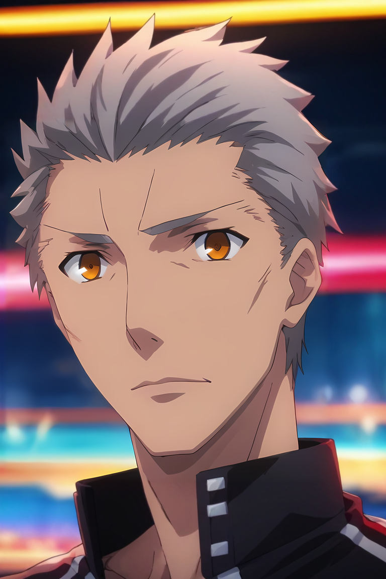 score_9, score_8_up, score_7_up, source_anime, rating_safe, , (realistic:0.6), looking at viewer, , depth of field, 1boy, male focus, amber eyes, gray hair,, solo, cyberpunk, <lora:fsn_ubw_style_pony:0.96>, fsn_ubw_style, <lora:sdxl_lightning_8step_lora:1>