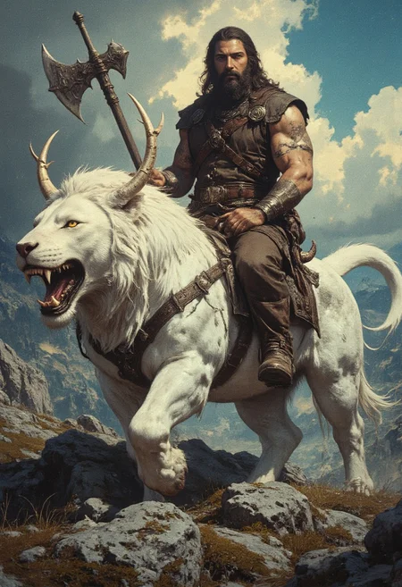 A muscular Valkyrie style Norse warrior riding a fantastical huge white beast in a rugged, mountainous landscape. The warrior, with a rugged, bearded face and long, dark hair, is dressed in medieval-style attire consisting of a sleeveless brown leather vest, brown trousers, and brown boots. He wears a belt with a sheathed sword and a quiver of arrows. His expression is determined as he rides the massive beast. The white beast is a mix of a dragon and a lion, with sharp, curved horns, a long, muscular tail, and a fierce, open-mouthed expression revealing sharp teeth. Its eyes are yellow. The creature's fur is sleek and white. The warrior holds the reins with one hand. The background is a dramatic, partly cloudy sky with a deep blue hue transitioning to a lighter blue at the horizon. The ground beneath them is rocky and uneven, with patches of grass and sparse vegetation. weapons, axe, hammer, dramatic lighting, yellow sphere on the background