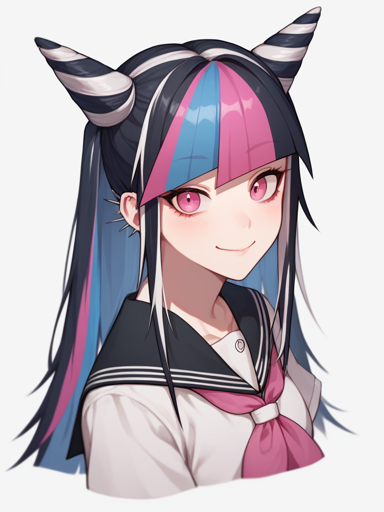 score_9,score_8_up,score_7_up,<lora:danganronpa_all:1>,1girl, character: mioda ibuki, solo, upper body, looking at viewer, smile, closed mouth, hair horns, pink eyes, alternate hairstyle, black hair, blue hair, long hair, multicolored hair, pink hair, white hair, twintails, piercing, grey shirt, school uniform, black sailor collar, short sleeves, highres, cropped torso, pink neckerchief, bad id, bad pixiv id, korean commentary