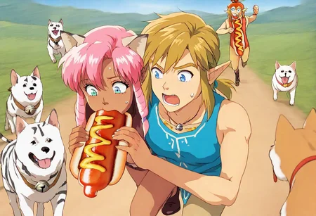 Maaterpiece, best quality, amazing quality, duo,Pink_DragonPink, 1girl, hotdog costume, cat ears, cat bell necklace, pink hair, tanned, white tiger tail, small breasts, leather shoes, masterpiece, very aesthetic, <lora:pink-illustrious:1>, yelling, wide eyes, single fang showing, sweat drop on forehead Break 1boy,Anime screencap,link (zelda),blonde hair,blue eyes,pointy ears,low ponytail,sidelocks wearing blue tunic, Break Forest in sunny day, clearing, girl_with_cats, dog, animal, <lora:girl_with_cats:0.6>,multiple dogs, dogs running, dogs jump, girl surrounded by many dogs, dogs barking, pink running from wild dogs a fast as she can, running, full speed, leaning forward, link looking confused in background, link eating hot dog, side view, zoom out, <lora:hotdog-costume-illustriousxl-lora-nochekaiser:1>, hotdog costume, food, hot dog, ketchup, oversized food, costume, hands up, pink wearing hotdog costume, whimsical, comical