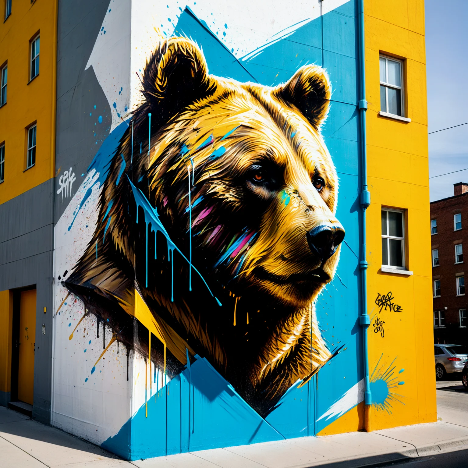 Graffiti mural of a bear, wrapped around two sides of a building, viewed from the corner.
<lora:GraffitiArt01_CE_XL_300-OT:0.6> grftiartCE_style