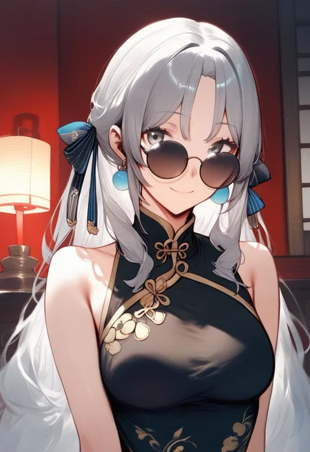 score_9, score_8_up, score_7_up, score_6_up, score_5_up, score_4_up, source_anime, <lora:SET v0.1:1>,
1girl, solo, jewelry, earrings, long hair, looking at viewer, virtual youtuber, smile, bare shoulders, chinese clothes, closed mouth, hair ribbon, ribbon, sunglasses, dress, china dress, grey hair, grey eyes, round eyewear, portrait, white hair, indoors, glass,