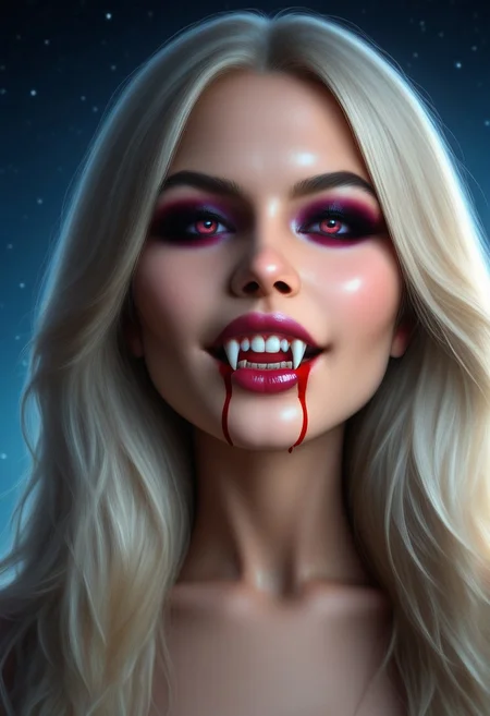 concept art, realistic, 1girl, ((solo:1.8)), 18 years old.
Gorgeous sexy female. Beautiful feminine face,
Sexy makeup, VampFang, Fangs. Blood on the chin