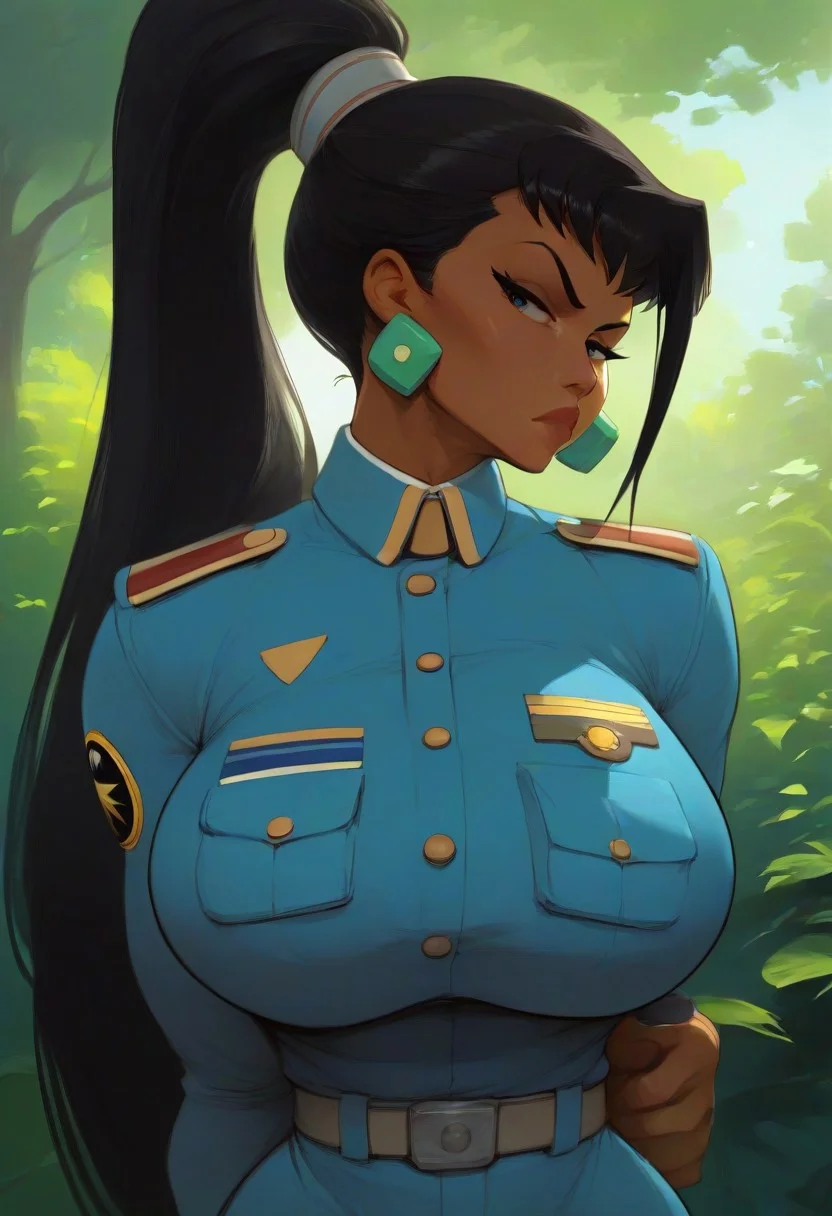 masterpiece, score_9, score_8_up, score_7_up, (best quality:1.1), ultra-detailed, high resolution, super detailed skin, Highly Visible, 8k, sharp focus, beautiful, perfect lighting, smooth edges, 1 girl, ChelXLP, chel, black hair, ((ponytail)),green earrings,
(((military milf, military badges,blue suit, air force hair, military suit, serious expression ))),
very long hair, tan skin,(massive breasts), (thick thighs), closeup, ((giver pov)),cowboy shot,csr style,g4n1m3