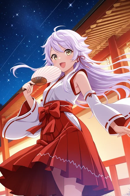 masterpiece, best quality, amazing quality,
 <lora:Ichie_IL:1> ichie, 1girl, long hair, solo, sleeveless kimono, japanese clothes, night, skirt, detached sleeves, open mouth, sky, yellow eyes, holding, hair ribbon, ribbon, hakama, outdoors, smile, floating hair, miko, hakama skirt, hand fan, red hakama, star (sky), red ribbon, :d