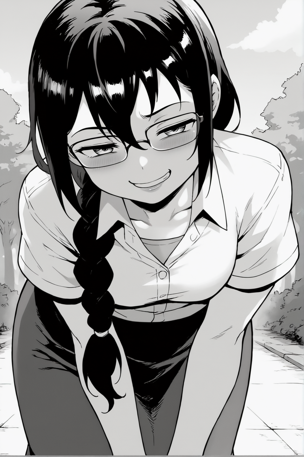 score_9, score_8_up, score_7_up, monochrome, manga_source, best background, detailed background, manga, greyscale   Reiko Kirishima, teacher outfit, solo, outdoors, horny, smug, naughty face, bent over, braid, braided ponytail  <lora:JN_Shounen_Ga_Otona:0.8>