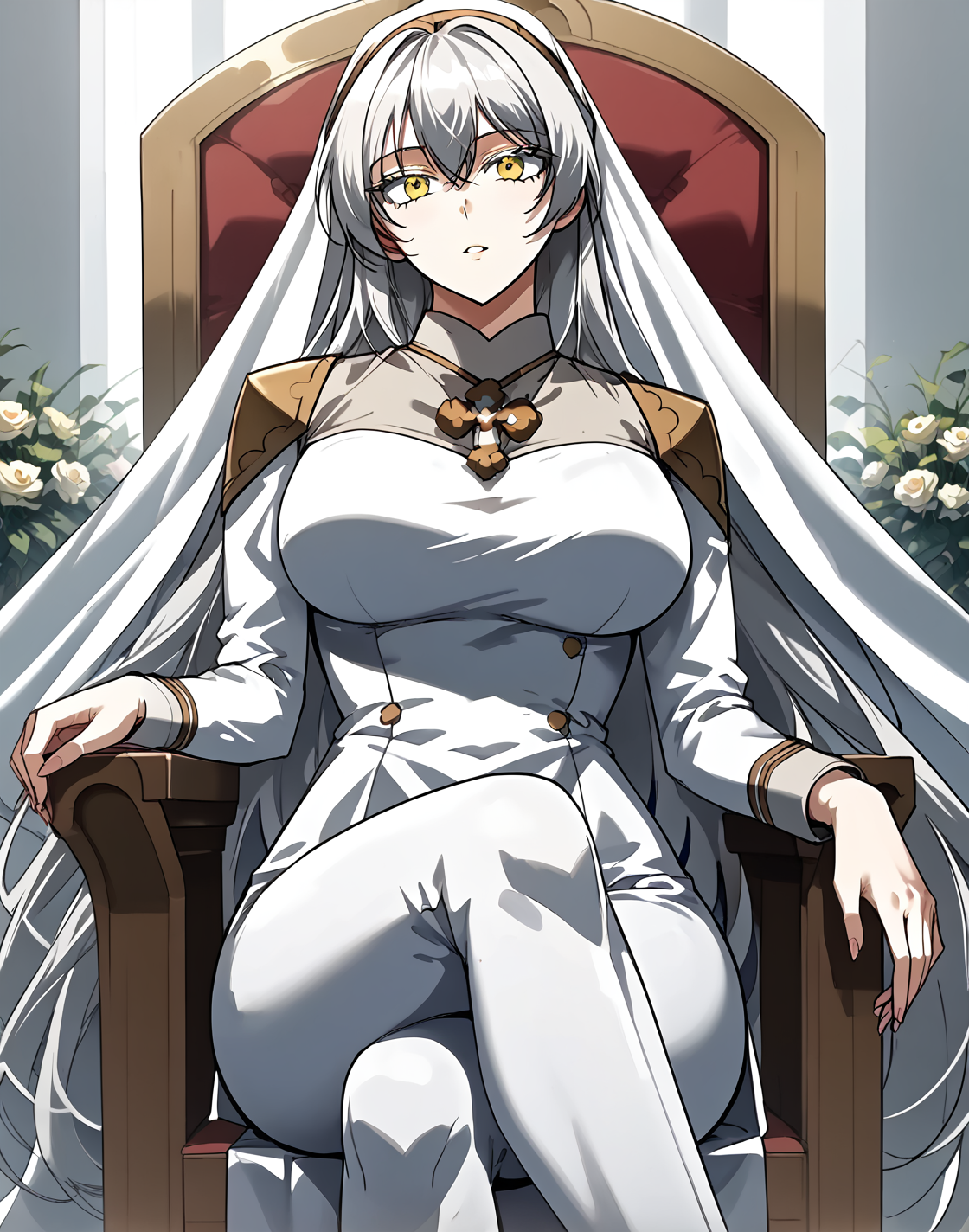 <lora:Saint_Riestar-000003:1>
1 girl, solo, white hair, long hair half up, yellow eyes, veil, white dress, long dress, white pants, <lora:!action-sdxl-V0.5:1>
(Anime_source),Masterpiece,(perfect female body:1.2), small waist,(incredibly detailed:1.4), slim, beautiful fingers, beautiful white skin, Beautiful clear skin, (large breasts:1.4) thick thighs, parted lips, looking at viewer, big breasts, ass, perfect ass,  1girl, sitting on throne, crossed legs <lora:light:1>