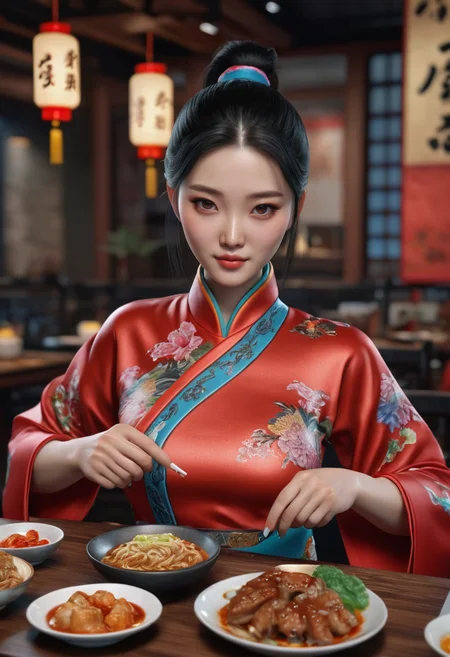 Bao from China, medium (chin-length:1.2) ponytail [black:.3] hair, 3D render table full of delicious dishes, woman in intricate clothing
<lora:3DNextGen_JRPG_KMMO_Dim32:1>