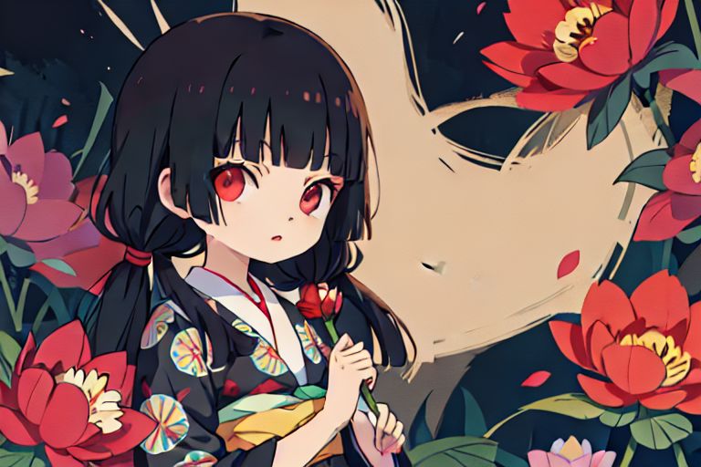enma ai, hair down, hair black, bangs, eyes red, masterpiece, best quality, ultra-detailed, illustration, 1girl, solo, highres, photorealistic, ultra high res, (Original illustration composition), (fusion of limited color,Maximalism artstyle, kimono obi fashion, double exposure, background, illustration, Amazing, lily spider, night darkness, open one's mouth, finger, bouquet flowers red, low twintails, (polychromatic peony:1.15), Movie poster,