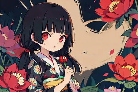 enma ai, hair down, hair black, bangs, eyes red, masterpiece, best quality, ultra-detailed, illustration, 1girl, solo, highres, photorealistic, ultra high res, (Original illustration composition), (fusion of limited color,Maximalism artstyle, kimono obi fashion, double exposure, background, illustration, Amazing, lily spider, night darkness, open one's mouth, finger, bouquet flowers red, low twintails, (polychromatic peony:1.15), Movie poster,