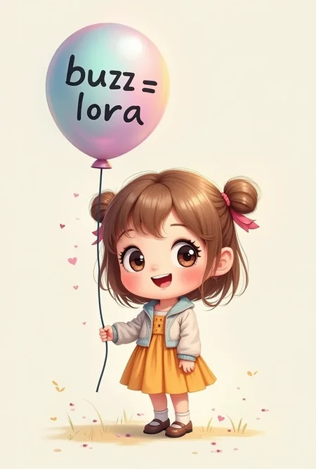 cute girl, lovely girl, animated girl, holding balloon saying "buzz = lora"