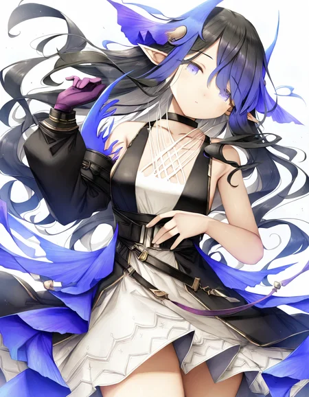 1girl,solo,looking at viewer,simple background,white background,cowboy shot,highmore,single glove,purple gloves,<lora:highmore-000010:1>,, masterpiece, best quality, very aesthetic, absurdres,newest, incredibly absurdres,, (lee hyeseung:0.7),(sugiyuu:0.8),