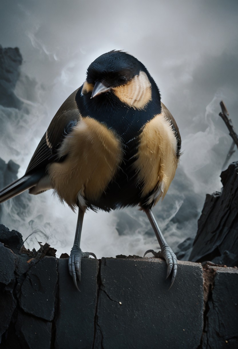 score_9, score_8_up, score_7_up, score_6_up, score_5_up, score_4_up, rating_safe,source_photorealistic,upper body,1bird,a gaint tit rampaging throughout a burning city