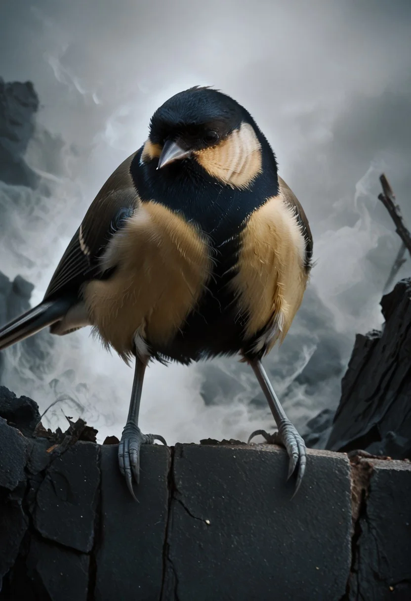 score_9, score_8_up, score_7_up, score_6_up, score_5_up, score_4_up, rating_safe,source_photorealistic,upper body,1bird,a gaint tit rampaging throughout a burning city
