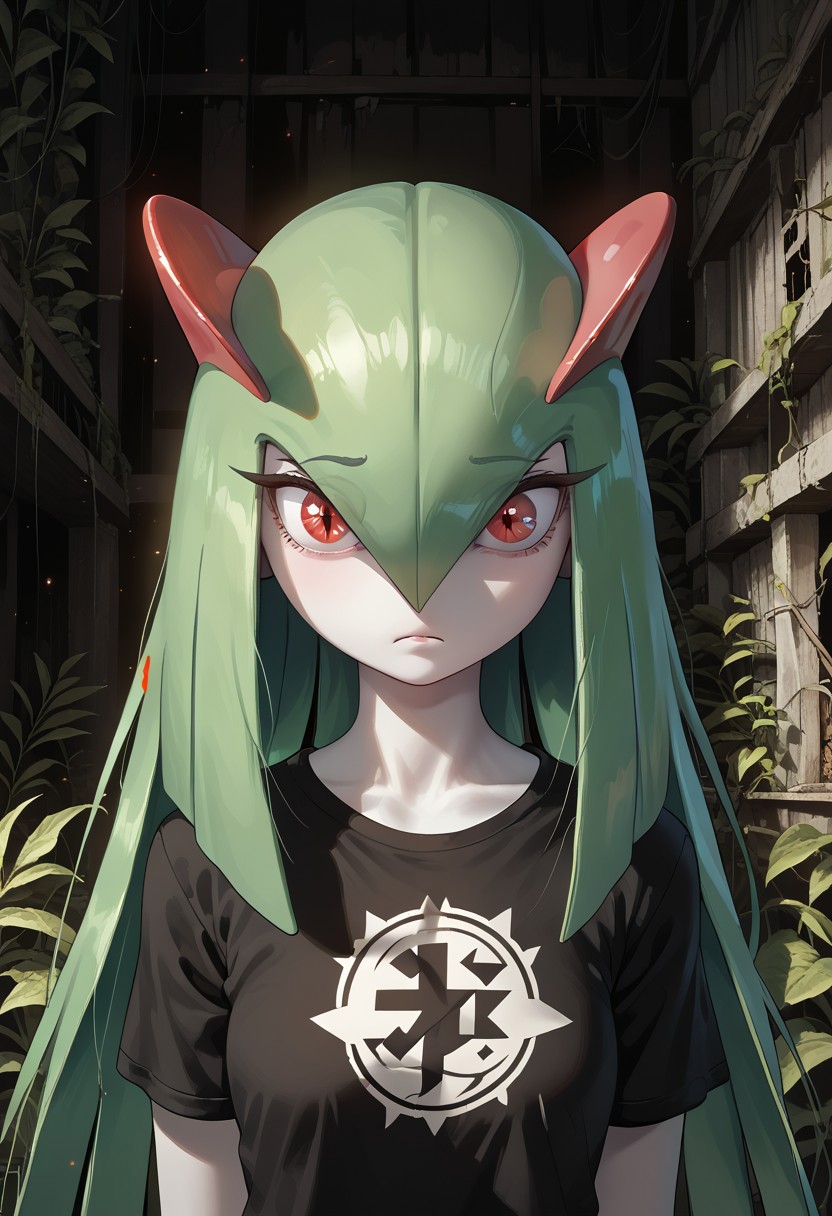 (((Kirlia))), female, anthro, pale white skin, score_9,score_8_up,score_7_up, masterpiece, best_quality, ultra-detailed, masterpiece, 1girl, solo, kirlia, very long hair, red eyes, afraid, perfect face, thick eyeliner, hourglass body, high quality, low light, dramatic lighting, darkness, intricate details, portrait, ((face focused)), wearing ripped dirty black t-shirt, detailed background, post-apocalypse background, ruined house, overgrown with plants, (perfect eyes:1.3,((cat pupils))),dvr-lnds-sdxl, combinestyle