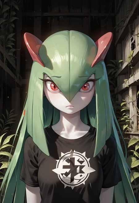 (((Kirlia))), female, anthro, pale white skin, score_9,score_8_up,score_7_up, masterpiece, best_quality, ultra-detailed, masterpiece, 1girl, solo, kirlia, very long hair, red eyes, afraid, perfect face, thick eyeliner, hourglass body, high quality, low light, dramatic lighting, darkness, intricate details, portrait, ((face focused)), wearing ripped dirty black t-shirt, detailed background, post-apocalypse background, ruined house, overgrown with plants, (perfect eyes:1.3,((cat pupils))),dvr-lnds-sdxl, combinestyle
