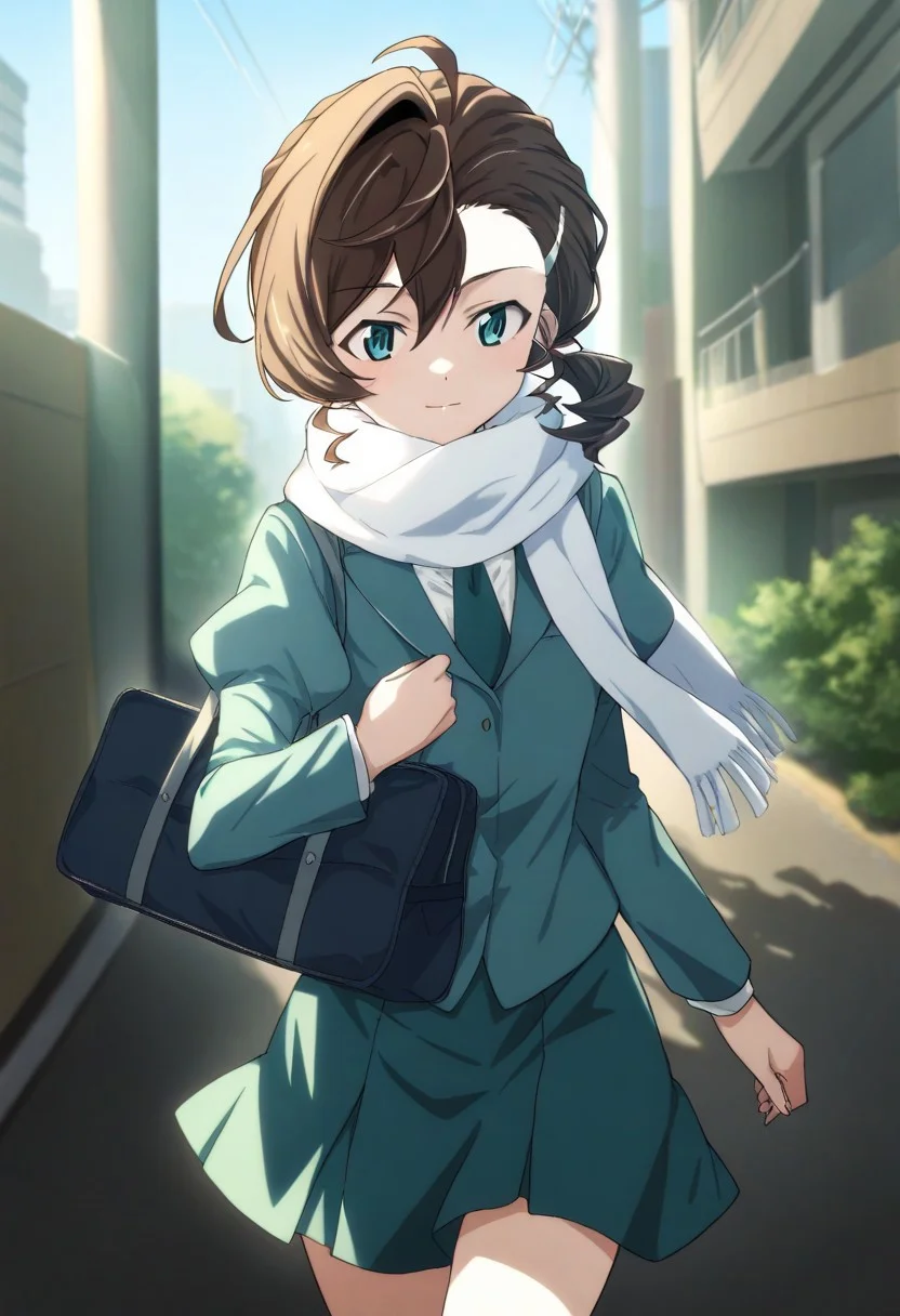 masterpiece, best quality, very aesthetic, absurdres,perfect,1girl,Inuyama Mana,GeGeGe no Kitarou,solo,cowboy shot,(day:1.5),urban residential area,1 hair tie,light smile,holding nylon school bag,walking,blue eyes,(white scarf:1.2),school uniform,(white shirt:1.2),(juliet sleeves:1.2),(celadon blazer:1.2),(dark sea-green necktie),(dark sea-green skirt),(single hair intake:1.5),(wavy hair),(swept bangs) and (hair pulled back:1.2),hair between eyes,(low ponytail),Ahoge,(Brown) medium hair,sideburns, 1 silver hairpin