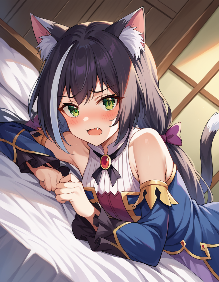 score_9, score_8_up, score_7_up, source_anime,
princessconnectkaryl, <lora:princess-connect-karyl-ponyxl-lora-nochekaiser:1>
karyl, animal ear fluff, animal ears, black hair, black ribbon, cat ears, cat girl, cat tail, fang, green eyes, hair bow, long hair, low twintails, multicolored hair, purple bow, ribbon, skin fang, streaked hair, tail, twintails, vertical stripes, white hair,
arm support, blue sleeves, bow, brooch, detached sleeves, dress, frilled sleeves, frills, multicolored clothes, multicolored dress, neck ribbon, sleeveless, sleeveless dress, striped,
indoors, bed, bed room, on side, blush, drunk,
looking at viewer, dutch angle, cowboy shot