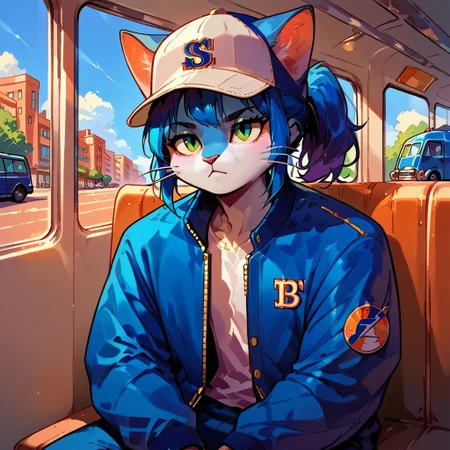 blue anthro cat, Audr3yC4t, 
score_9, score_8_up, score_7_up, source_anime, 
portrait, sitting, dizzy, tired, on bus, baseball hat, bomber jacket, window, city street,