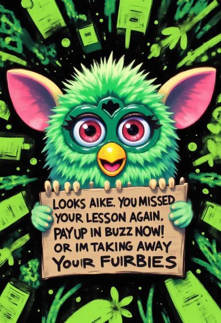 This image is a digitally created, abstract artwork featuring a Furby plush toy, designed to look like the green duolingo bird mascot with glowing red eyes staring menacingly at the viewer. The central focus is a large, intricate text that reads "Looks like you missed your lesson again, PAY UP IN BUZZ NOW! or im taking away your furbies"