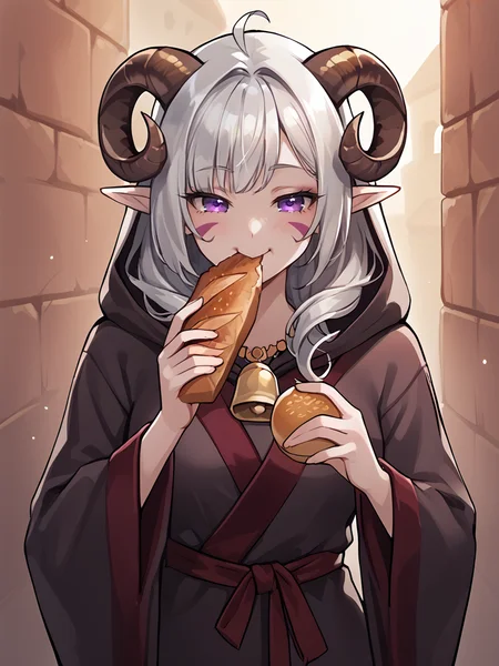<lora:baguette:0.8> baguette, holding food,bag, eating, source_furry, score_7_up, rating_safe, cowboy shot, gold necklace, tiefing, short pointed ears,brown horns, (a pair of brown sheep Horns that begin at her temples and curve back: 1.5), bangs,long silver hair long wavy hair, pale skin,<lora:whisker_markings:0.8> red whisker_markings:1.4 , pointy ears, purple eyes:1.2, <lora:age_slider_v4:0.6> medium breasts, skinny female, close up, silver hair, <lora:Tieflingnew weird fantasyDND:0.3> Tiefling, pointed ears, horns, half-closed eyes:1.5,<lora:Smooth Style 2 SDXL_LoRA_Pony Diffusion V6 XL:0.5> bell, robe, hood off, <lora:Nanoless_Artist_Style_PonyXL:0.3>happy face,