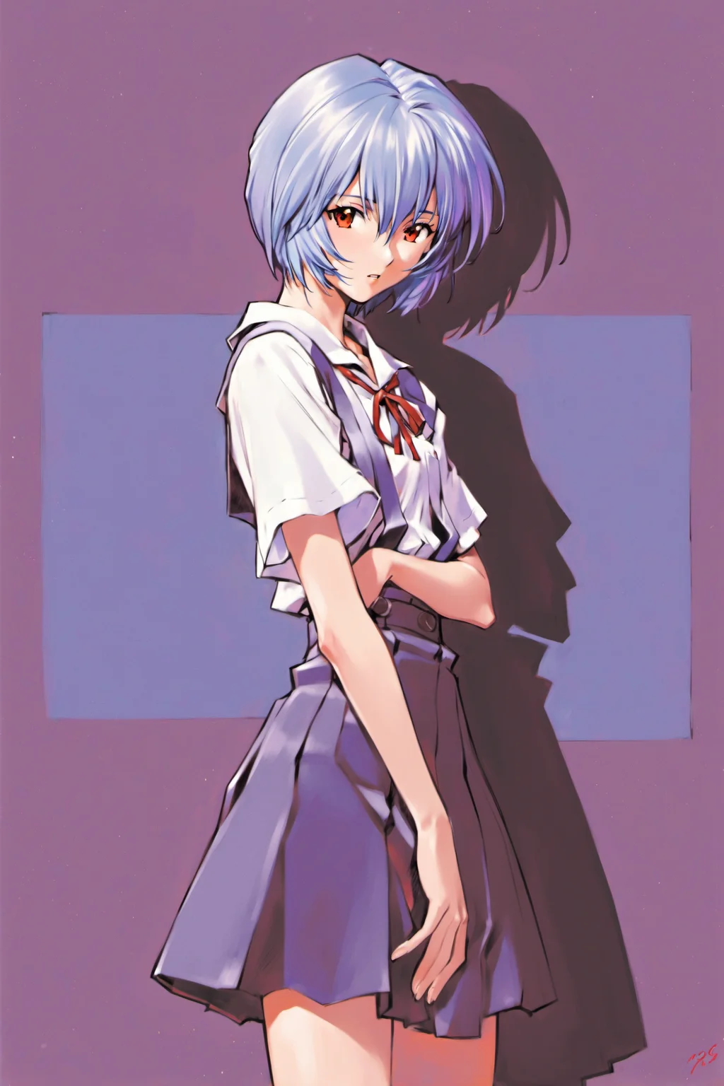 1girl, ayanami rei, solo, red eyes, short hair, school uniform, blue hair, tokyo-3 middle school uniform, signature, short sleeves, hair between eyes, suspender skirt, purple background, bangs, purple theme, shirt, cowboy shot, looking to the side, skirt, white shirt, looking at viewer, parted lips, suspenders, <lora:Sadamoto Yoshiyuki_XL_V2:0.8>