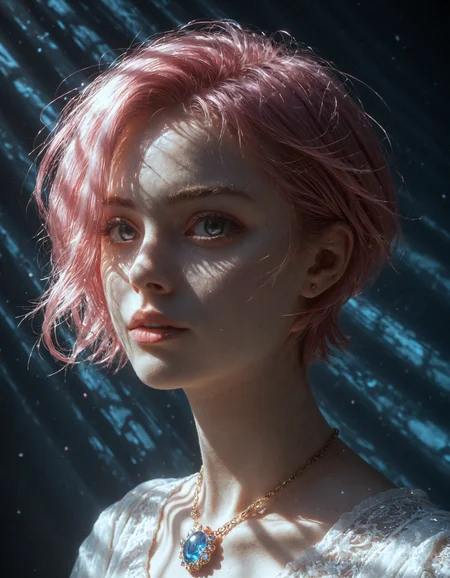 score_9, score_8_up, score_7_up, Expressiveh, EYESHD, 1girl, adult woman, radiance, skinny, pink hair, pageboy, grey eyes, pale skin, oversized emo style clothing, Brooch, propped up on one hand (sitting or standing), hard shadows, blue textured background, Expressiveh, EYESHD, 1girl, adult woman, radiance, skinny, pink hair, pageboy, grey eyes, pale skin, oversized emo style clothing, Brooch, propped up on one hand (sitting or standing), hard shadows, blue textured background, sunny, beautiful detailed, cinematic composition, glowing rich colors, dynamic dramatic atmosphere