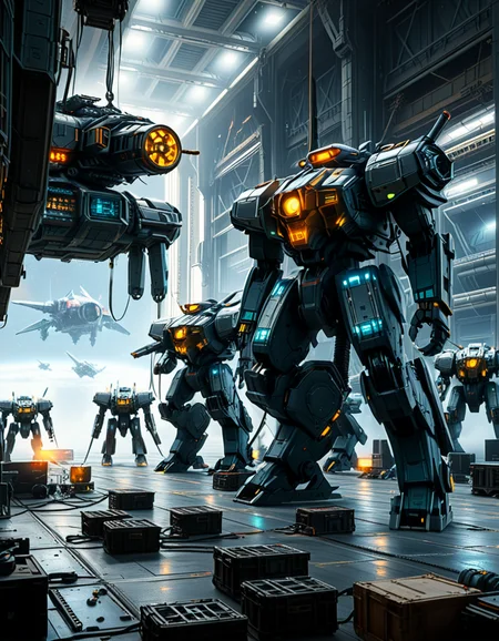 A massive, futuristic spaceship hangar filled with towering battle mechs undergoing maintenance. The hangar is dimly lit, with industrial lighting casting a cold, bluish glow over the metallic surfaces. The high ceiling is lined with steel support beams, catwalks, and suspended cranes used for repairing the massive war machines. The walls are adorned with warning signs, control panels, and illuminated holographic displays providing diagnostic data on the mechs. In the foreground, a colossal mech stands on a heavy-duty platform, its armored plating showing signs of battle damage, with exposed mechanical parts being worked on by robotic arms. The ground is marked with yellow hazard lines and scattered with tools, power cables, and spare parts. Steam rises from various vents, adding to the gritty, industrial feel. In the background, more mechs are stationed in docking bays, with their weapons and mechanical limbs being adjusted by automated repair systems. A large open bay door at the far end reveals the vastness of space, with distant stars and a massive planet visible beyond the hangar. The scene is detailed, immersive, and full of high-tech military sci-fi energy.
<lora:SDXLFaeTastic2400:0.4> <lora:extremely_detailed:0.4> extremely detailed,<lora:mechwarriors_spaceship_h4ng4r:1>,mechwarriors spaceship h4ng4r, Masterpiece,best quality,hi res,8k,hi res,8k,award winning,(sharp focus, intricate, highly detailed),