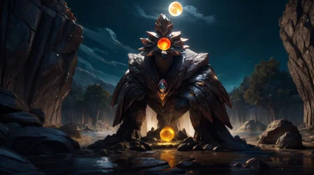 (masterpiece, best quality, fullscreen), [(full body:0.9)::0.2] (photo of a Enormous [magical being:creature:0.6] made of stone blocks:1.1), (glowing Citrine eyes:1.3), (Serrated Galena [stone, mud] skin:1.3), (some Bright raw giant Moonstone:1.4), (mud Alchemist Vestment :1.3), (Regency Aquatic body with Crystalline head and with one Padded Appendages:1.2), (background outdoor among rocks with Otherworldly Glow and Mountain Silence and Solution Caves:1.1), (Enchanted Moonlight lighting:1.1), <lora:EFFECT ruby-gem-style-darquelilly-v2:0.3> rubygemstyle, <lora:EFFECT ral-drath-sd15:0.3> drath, <lora:EFFECT sandsculpturecd-000003:0.3> sandsculpturecd, <lora:MONSTER Critters:0.3> Critters, , (look at the viewer:0.9), , <lora:SLIDER weight_slider_v2:0.5>,<lora:LIGHT NOISEOFFSET_V2_BY_STABLE_YOGI:0.4> low key, <lora:LIGHT nLoRA:0.3> dark theme, <lora:QUALITY add_detail:0.5>, (Full body Shot, Shallow Focus Shot, Low Angle Shot:[1.2:0.5:0.1]), heavily detailed, , , (sharp focus), , (no humans), remely detailed, volumetric lighting, octane render, raytracing, trending on artstation, masterpiece, 8k