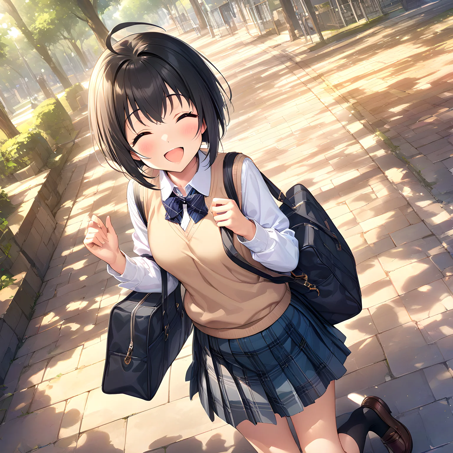 (masterpiece),(best quality),(ultra-detailed),(best illustration),(best shadow),(absurdres),(detailed background),(very aesthetic),miho kohinata, 1girl, ahoge, black hair, solo, closed eyes, smile, short hair, school uniform, sweater vest, skirt, bag, ^ ^, open mouth, bow, :d<lora:Miho_Kohinata:1>