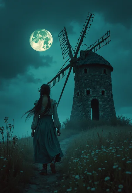 middle ages, summer, night, moon, 2 braids on the sides beautiful woman goes to an old abandoned windmill gloomy, horror, gothic, watercolor, dark pastel colors, wind, dynamics filigree, dark-fantasy