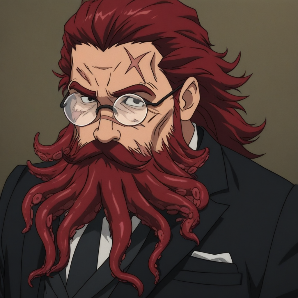 masterpiece, best quality, newest, absurdres, highres, anime, anime style, 1boy, glasses, red hair, suit, round glasses, beard, facial hair, mustache, scar, scars on face, TB-V1.0, Tentacle beard,