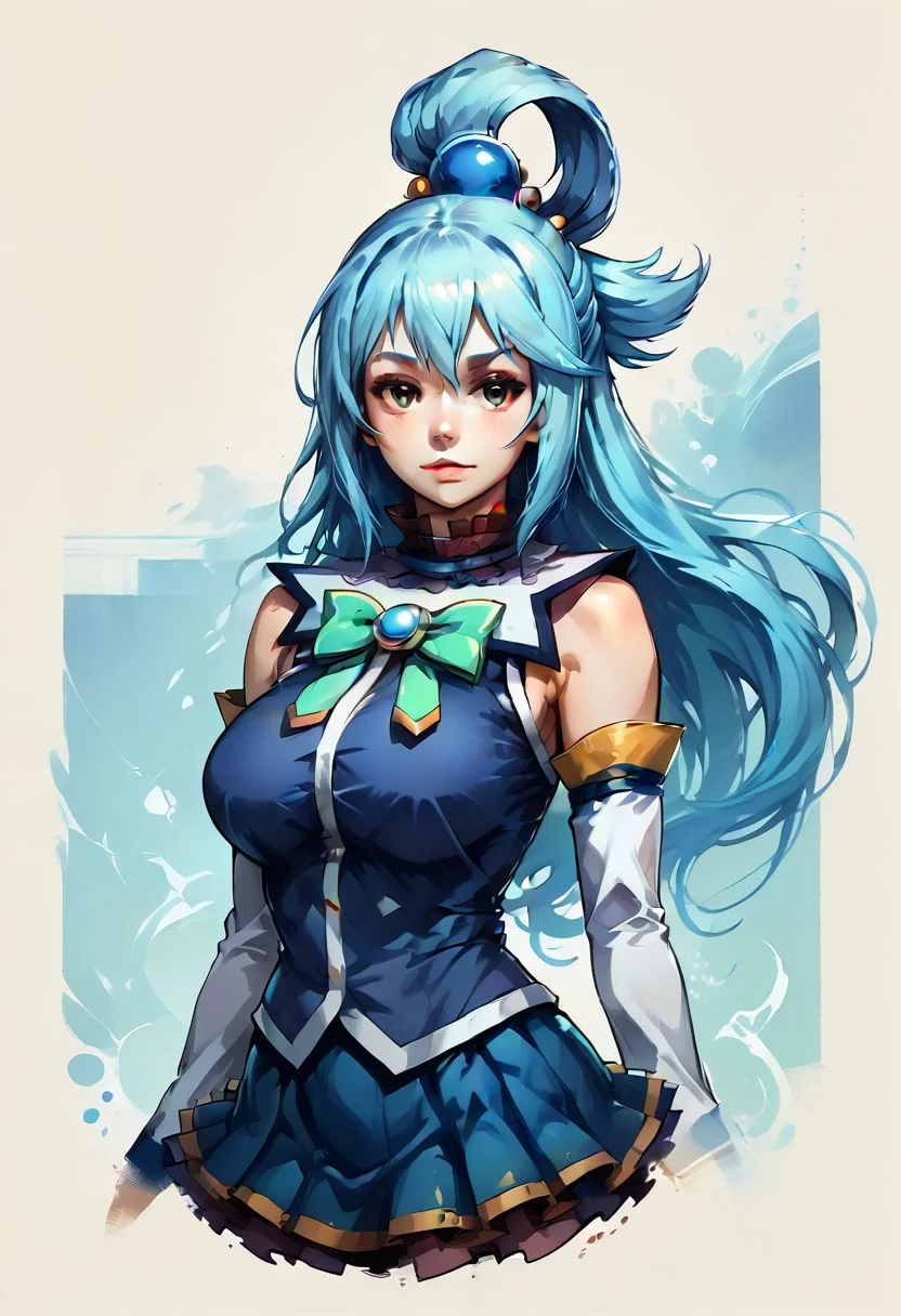 Faded Headshot, faded bottom, faded edges ,score_9,score_8_up,score_7_up,score_6_up,score_5_up,
1girl, Aqua(/Konosuba)/,(ultra HD quality details), pale skin, blue eyes, blue hair, long hair, hair ornament, hair rings, single hair ring
blue footwear, blue hair, blue thighhighs, boots, detached sleeves, thigh boots, thighhighs, white thighhighs, thighhighs, bare shoulders, blue skirt, blue shirt, green bow,
detailed, skin, texture, detailed skin texture,
, digital illustration, rule 63, full body, perfect anatomy, perfect face, butt showing esthetically, abstract beauty, beautiful, centered, looking at the camera, approaching perfection, dynamic, moonlight, highly detailed, watercolor painting, artstation, concept art, smooth, sharp focus, illustration,
(upper body:1.2), (close up:1.5), portrait, huge breasts, deep cleavage,