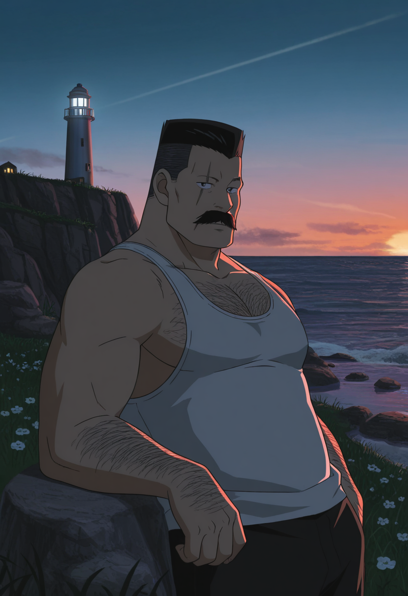 1boy, standing, looking at viewer, white tank top, grasslands, flower, white cliff, leaning on rock, upper body,
BREAK
<lora:Kiyonaga_Matsumoto_from_Detective_Conan_v1.0_1758411:1> plump, pectorals,
kiyonagamatsumoto, mature male, black hair, flattop, thick mustache, scar across eye, anime screencap,
BREAK
thick arm hair, thick chest hair, realistic,
BREAK
outdoors, horizon, white cliff, ocean, cliff, lighthouse, lighthouse,
vibrant color, moody sky, sunset, dark, lighthouse beam,
BREAK
very awa, masterpiece, best quality, absurdres, newest, perfect quality, detailed background, intricate details,