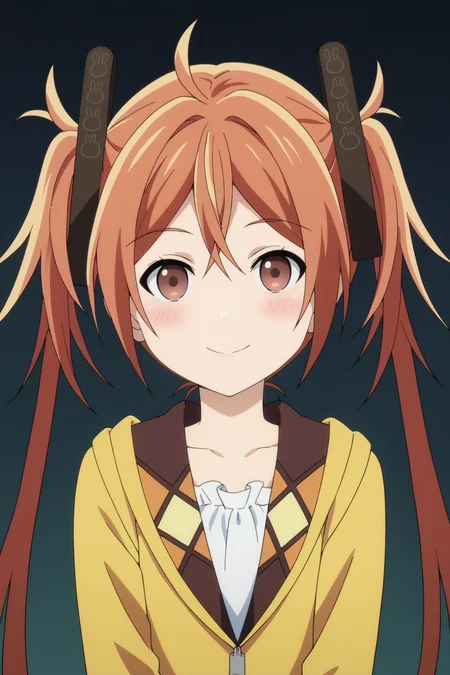 score_9, score_8_up, score_7_up, source anime, prefect lighting, very aesthetic, BREAK, anime screencap, anime coloring,
<lora:aihara_enju_v1-pony6:0.9>, 1girl, aihara enju, black bullet, orange hair, long hair, straight hair, enjoout, twintails, hair ornament,
BREAK, looking at viewer, light smile, blush, portrait,
BREAK,