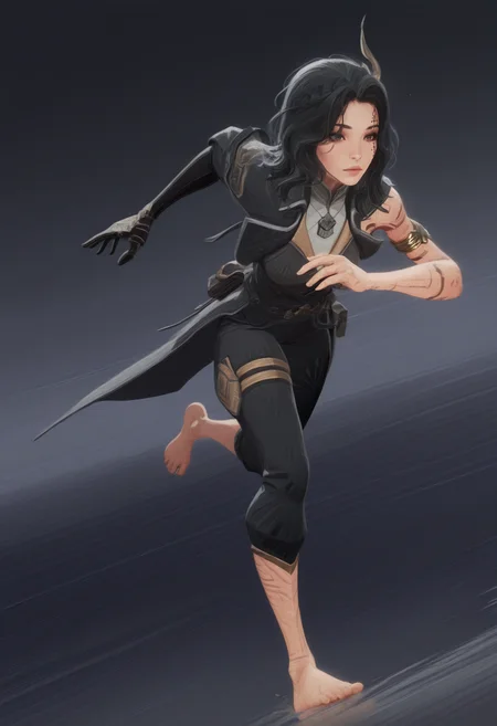 masterpiece, best quality, amazing quality, 1girl, <lora:lune_illustrious_byJaneB:1>, lun3e33,
, facial tattoo, arm tattoo,, single glove, , coat, armlet, , barefoot, pants, running, <lora:afkJourneyIllustrious:1.5> afkJourneyStyle