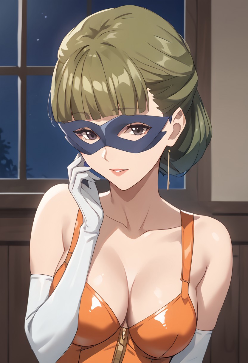score_9, score_8_up, score_7_up,at room, indoor, moonlight,night view, mature female,richlady, green hair, ear accessory, hair with bond, mask, orange latex corset,  white gloves,front view,upper body