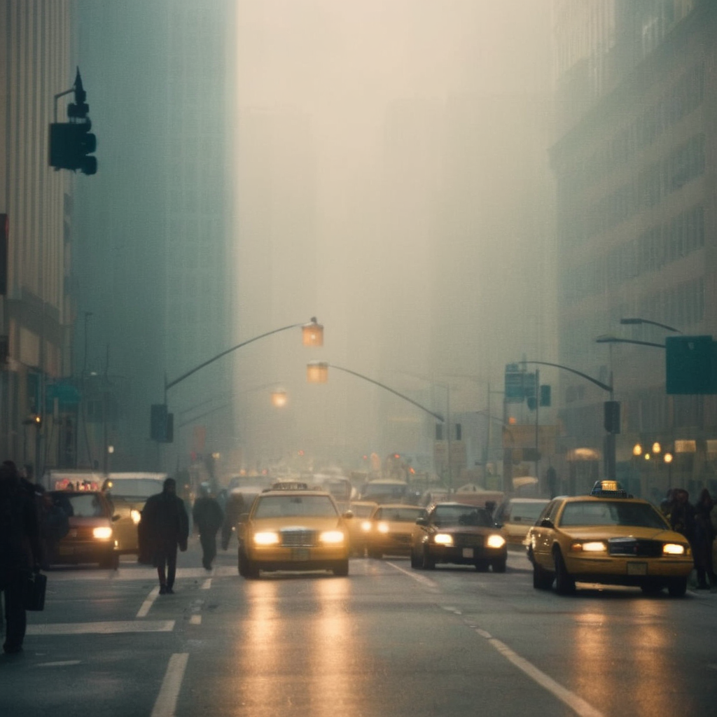 cinematic film still of  <lora:Kodak Motion Picture Film Style:1.5> "Detailed" "Sharp" "Vision 500T"
An Oscar winning movie for Best Cinematography a hazy fogy city street with a lot of traffic on it Kodak Motion Picture Film Style, shallow depth of field, vignette, highly detailed, high budget, bokeh, cinemascope, moody, epic, gorgeous, film grain, grainy