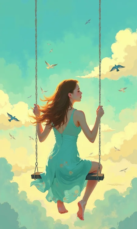 A digital painting or illustration features a woman in a light teal or baby blue dress, seated on a swing suspended in a dreamlike, softly colored sky. 
The woman's back is to the viewer.  Her hair is long and a light brown/ auburn, flowing freely around her shoulders and back, partly highlighted with a golden tone, suggesting sunlight or the warmth of a sunset. She appears to be wearing a simple, v-necked, sleeveless top. This style and color of the dress continue over into her skirt; the design of the skirt seems to be divided into irregular geometric shapes. 
The sky/atmosphere surrounding the swing is a soft blend of cerulean blues, pale yellows, and hints of orange, reminiscent of a sunrise or sunset. Soft, stylized clouds are depicted in a palette of muted tones, creating a dreamy, ethereal atmosphere.  Several small, light-colored birds are depicted in flight amongst the clouds, creating a sense of movement and openness within the scene. 
The swing ropes are simple lines that run vertically through the image, further emphasizing the sense of floating and weightlessness. The overall style of the work is painterly, with visible brushstrokes or patterns that suggest a digital art process, adding a soft, textural quality to the image. The colors are light, soft, and blend seamlessly into one another; there isn't a hard or harsh transition from one color to another, creating a sense of peace.
<lora:FLUX-daubrez-DB4RZ-v2:1> DB4RZ, DB4RZ style painting