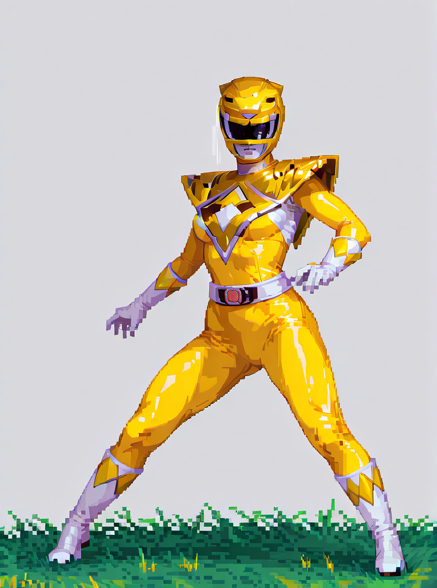 pixel art, yellow bodysuit, white gloves, yellow power ranger, yellow ranger helmet, 1girl, solo, medium breasts, tokusatsu, mighty morphin power rangers, dragon shield, golden armor, full body, dynamic pose, simple background, grass terrain
<lora:Yellow_Ranger:0.8> <lora:pixelbuildings128-v2:0.8>